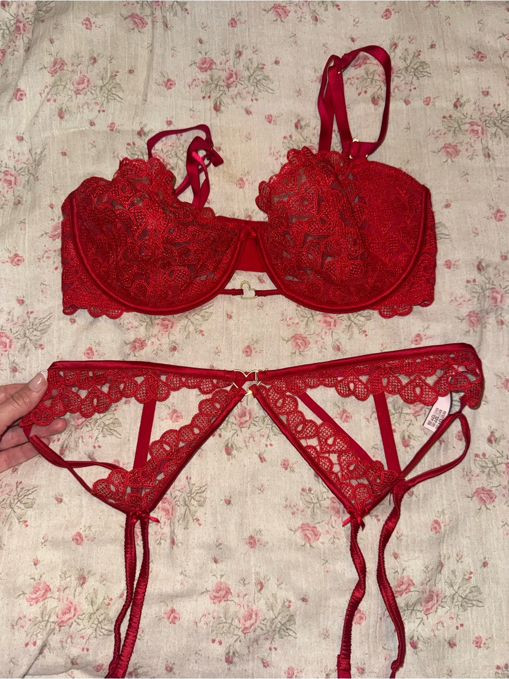 Victoria's Secret Red Lace Balconette Bra with Garter